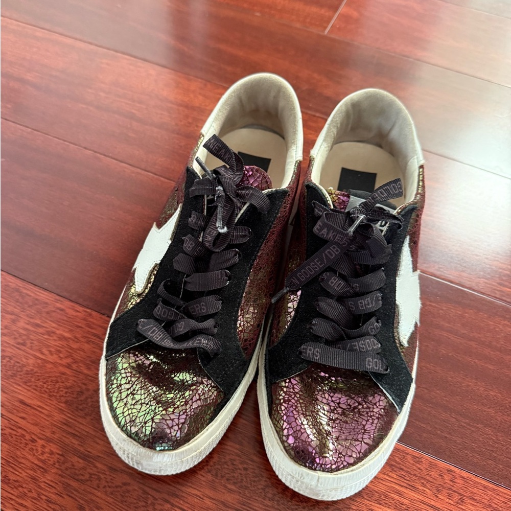 Golden Goose Red and White Sneakers Distressed Style